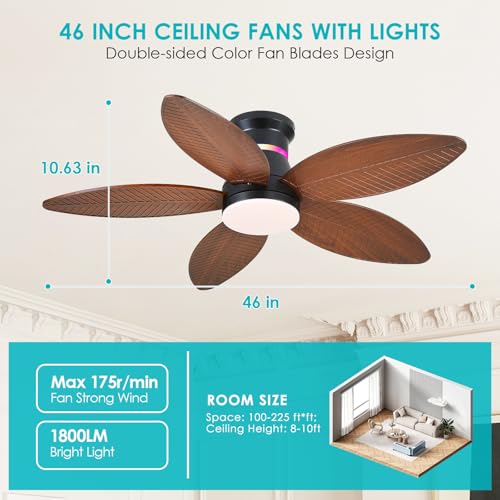 Surtime 46" Ceiling Fans with RGB Lights - Flush Mount Ceiling Fan Light with LED 3CCT Dimmable, Tropical Palm Leaf Ceiling Fans for Indoor Party,Covered Outdoor （Brown）