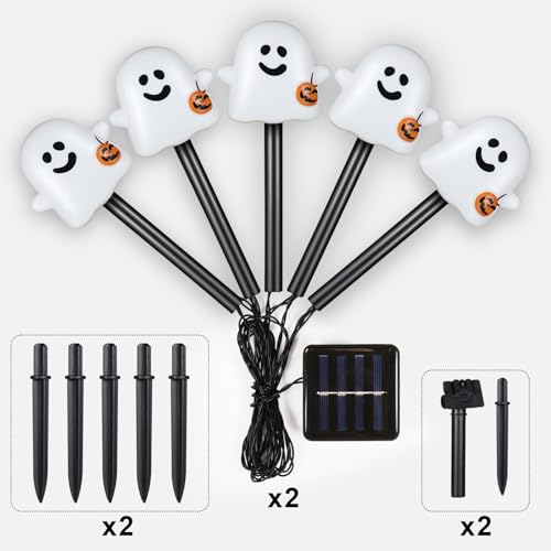Solar Halloween Ghost Pathway Lights, 10 Pack Ghost Stake Lights with Pumpkin Design, Durable Waterproof Outdoor Halloween Decoration for Garden, Walkway, and Yard (Warm White)