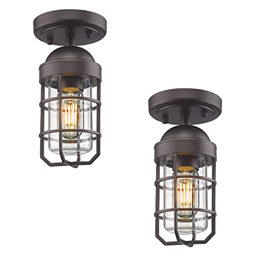 Emliviar 2 Pack Farmhouse Semi Flush Mount Ceiling Lights, Small Ceiling Lights for Porch, Clear Tempered Glass in Oil Rubbed Bronze Finish, GE255F-2PK ORB