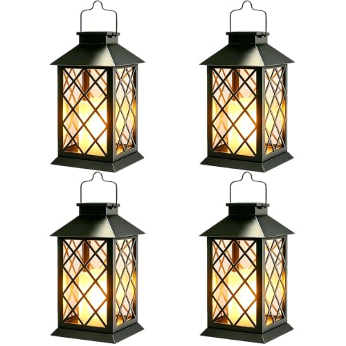 4 Pack 14'' Large Tempered Glass Solar Lanterns Outdoor Waterproof