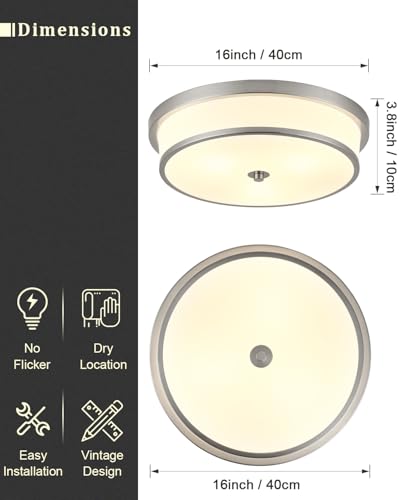 16 inch Flush Mount Ceiling Light, 3-Light Close to Ceiling Light Fixtures with Brushed Nickel Finish for Livingroom Bedroom Kitchen Diningroom