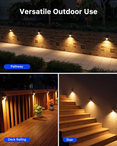 4 Pack Warm White Solar Fence Lights, Black Stainless Steel Shell