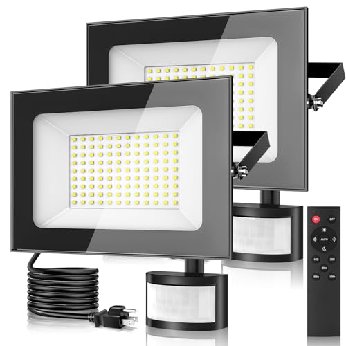 papasbox 2 Pack 100w Led Motion Sensor Flood Light - 10000lm 6500k Daylight Whie Ultra Thin Security Lights Outdoor with Remote Control and Plug IP65 Waterproof Floodlight for Work Garage House Porch