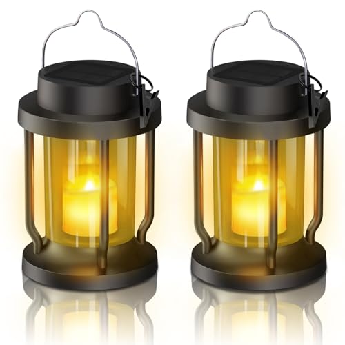 Solar Lantern Outdoor & Indoor Use – Hanging Solar Lights with Realistic Flickering Flameless Candle, Weatherproof for Gardens, Patios, Trees, and Lawns (Black + Amber, 2 Pack)