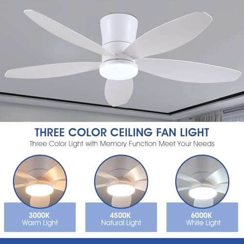 Surtime 48" Ceiling Fans with Lights-Low Profile Ceiling Fan with Light and Remote/APP Control,Flush Mount,DC Reversible,LED Dimmable Modern Ceiling Fans for Bedroom,Indoor/Outdoor Patio Use(White)