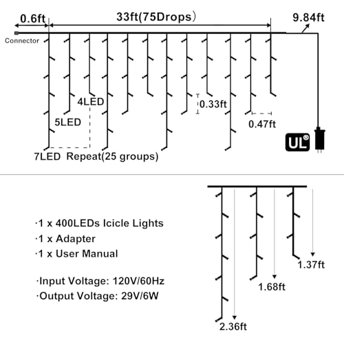 Orange Lights for Halloween, 33ft 400 LED Icicle Lights for Outside Indoor Twinkle Lights with Connectable Clear Wire 8 Modes Timer Waterproof for House Party Tree Holiday Yard Decorations