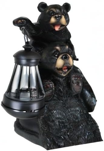 Ebros Rustic Black Bear Family Statue 18.75" Tall with Solar LED Lantern Light - Realistic Wildlife Decor