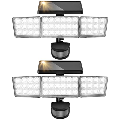 Solar Lights Outdoor, 3500LM 168 LED Motion Sensor Solar Flood Lights, 3 Heads 300° Wide Angle, 3 Modes IP65 Waterproof Solar Security Lights for Yard Garden Patio, 2 Pack (Black)