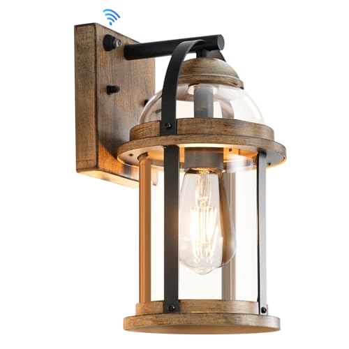 Dusk to Dawn Outdoor Wall Lights, Waterproof Lighting Fixtures Rustic Farmhouse Wall Lanterns with Clear Glass Shades Anti-Rust Outside Lights for Garage Patio Porch(Wood Grain, 1 Pack)