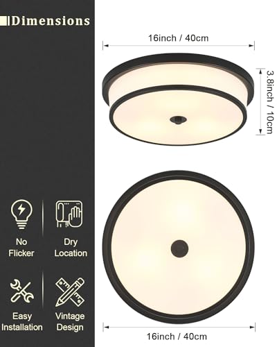 16 inch Flush Mount Ceiling Light, 3-Light Close to Ceiling Light Fixtures with Black Finish for Livingroom Bedroom Kitchen Diningroom(Black)