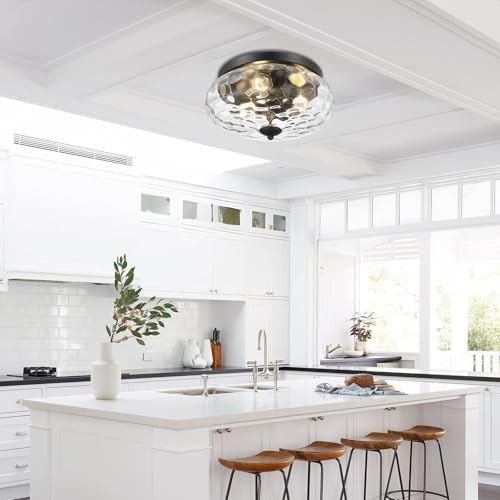 Darkaway Large Ceiling Light Fixtures, 3-Light Flush Mount Indoor Outdoor Ceiling Light with Water Ripple Glass Shade for Hallway Kitchen Bedroom Porch Living Room Black Finish