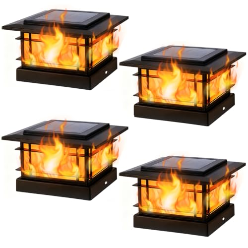 4x4 Solar Post Cap Lights Outdoor with Flickering Flame, 4 Pack