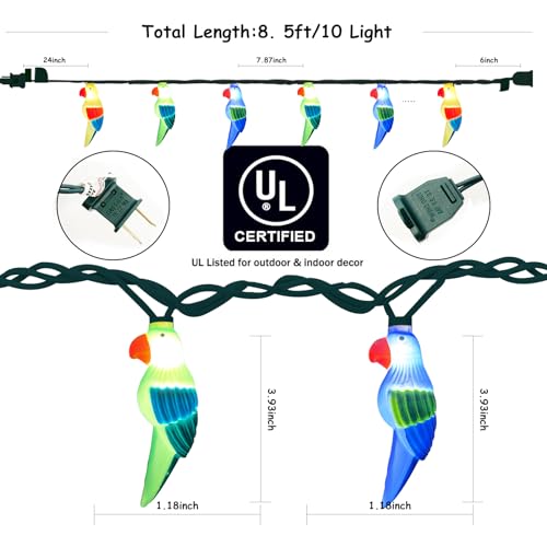 Oviejo Parrot String Lights 8.5Ft Summer Camping String Lights with 10 LED Lights, Tropical Themed Fairy Lights for Luau Party/Beach/Fiesta/Birthday/Tiki Bird Decorations Lights,Green Wire