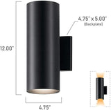 Kichler Cylinders 12" Outdoor Wall Sconce in Black, 2-Light Exterior Wall Light, Cylinder Fixture, (12" H x 5" W) | Lumora
