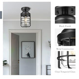 Emliviar 11.1 Inch Vintage Semi Flush Mount Ceiling Light with Clear Tempered Glass Shade, Black Ceiling Lighting for Hallway, GE255LF BK