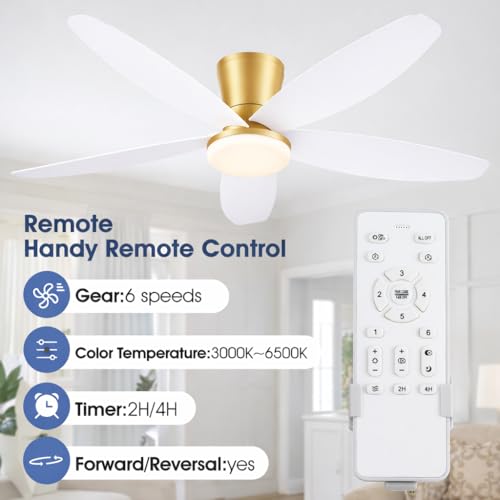 Surtime 42" Ceiling Fans with Lights-Low Profile Ceiling Fan with Light and Remote/APP Control,Flush Mount Gold Ceiling Fan with Reversible White Blades