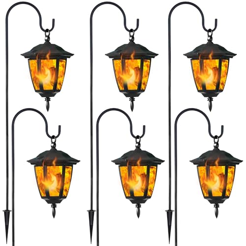 6 Pack Solar Flame Hanging Lights Outdoor, Halloween Solar Flickering Flame LED Garden Lanterns with 6 x 38 Inch Shepherd Hooks, Christmas Lighting for Lawn Patio Yard Pathway Driveway
