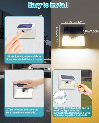 Solar Lights Outdoor 1 Pack, 140LED/3 Modes Motion Sensor Lights Solar Powered, Wireless IP65 Waterproof Solar Wall Lights Outdoor Lights, Bright for Deck Fence Patio Front Door, Warm Light (White)