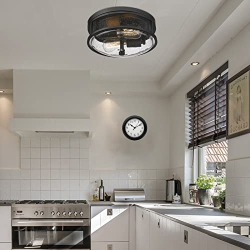 Flush Mount Ceiling Light Fixture, 12 Inch 2-Light Modern Farmhouse Semi Ceiling Light with Seeded Glass for Bedroom, Entryway, Kitchen, Hallway, ROS88 BK