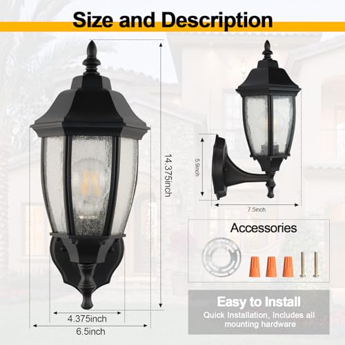 Outdoor Wall Lantern, 14 Inch Porch Light Fixture Seed Glass Shades.