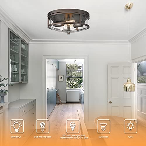 Flush Mount Ceiling Light Fixture, 12 inch 2-Light Modern Farmhouse Ceiling Light with Seeded Glass for Bedroom, Entryway, Kitchen Hallway, ROS88 ORB