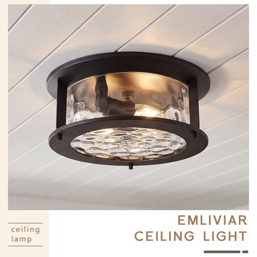 Emliviar Vintage Flush Mount Ceiling Light Fixture, 2-Light Farmhouse Close to Ceiling Mounted Lamp with Water Grain Glass for Kitchen, Oil Rubbed Bronze Finish, YE19108-F1 ORB-WG