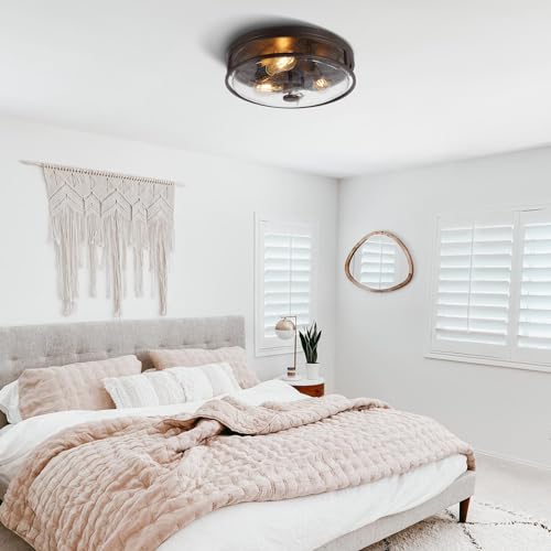 16 Inch Large Flush Mount Ceiling Light Fixture with Seeded Glass, Bronze