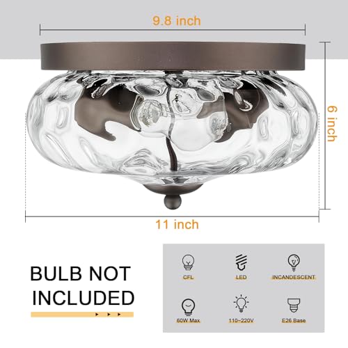 Darkaway Ceiling Light Fixtures Flush Mount Indoor Outdoor Ceiling Light with Water Ripple Glass Shade for Hallway Kitchen Bedroom Porch Living Room Bronze Finish