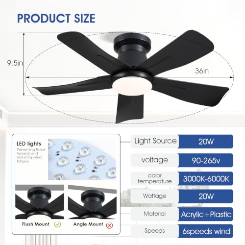 Surtime 36" Black Low Profile Flush Mount Ceiling Fan with Light and Remote