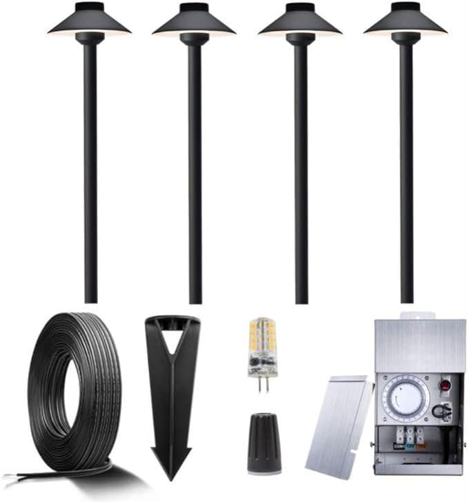 Gardenreet 12V Brass Landscape Black Path Lighting Kit (4 Pack Path Lights) with 75W Low Voltage Transformer and | Lumora