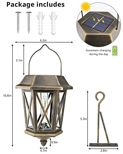 Solar Lantern Outdoor Waterproof, Metal Solar Lights Outdoor with Clear Glass, LED Solar Powered Lights Wall Mount for Yard Garden Wall Outdoor, Bronze - 2 Pack