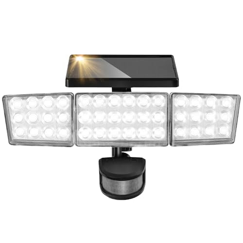 Solar Lights Outdoor, 3500LM 168 LED Motion Sensor Solar Flood Lights, 3 Heads 300° Wide Angle, 3 Modes IP65 Waterproof Solar Security Lights for Yard Garden Patio, 1 Pack (Black)
