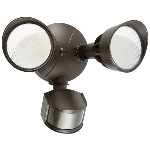 45W 5500LM PIR Motion Sensor Outdoor Lights, Dual Head LED Flood Light, 5000K Daylight, IP65 Waterproof Hardwired Dusk to Dawn Motion Detector Security Light for Outside Garage Yard (Brown)