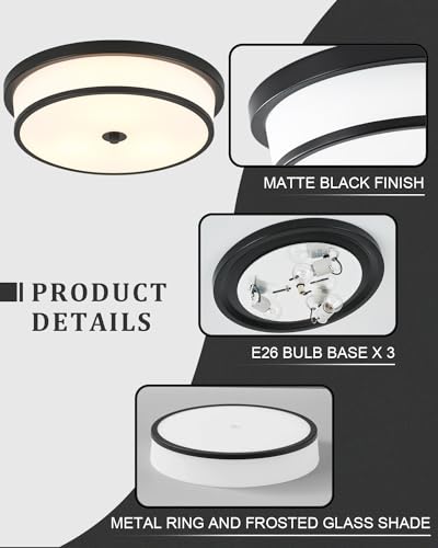 16 inch Flush Mount Ceiling Light, 3-Light Close to Ceiling Light Fixtures with Black Finish for Livingroom Bedroom Kitchen Diningroom(Black)
