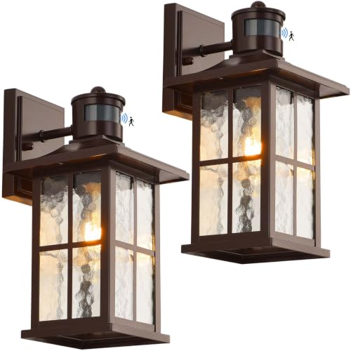 FLEDAVID 2 Pack Motion Sensor Outdoor Wall Lights Dusk to Dawn Exterior Porch Lantern Brown Outside Sconce Lighting Fixtures Rustic Farmhouse Wall Mount Carriage Lamp for House Garage Patio