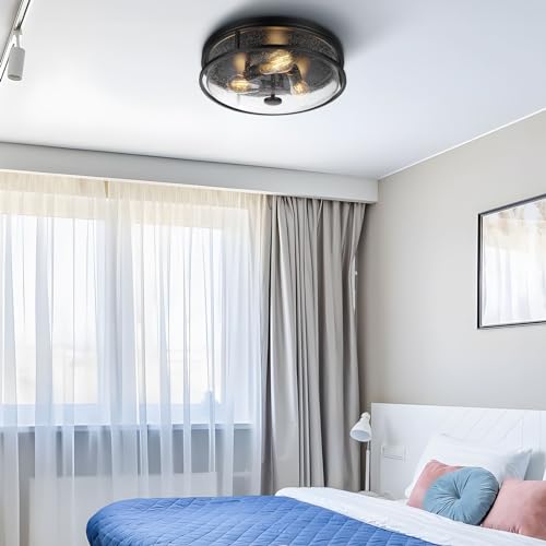 16 Inch Large Flush Mount Ceiling Light Fixture with Seeded Glass, Black Round Ceiling Lamp Shade, Modern Farmhouse Indoor Outdoor Ceiling Lighting for Kitchen Dining Living Room Foyer