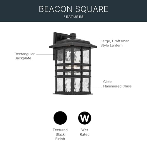 Kichler Beacon Square 17.25" 1-Light Outdoor Wall Light with Clear Hammered Glass in Textured Black, for Exterior Doors, Garage, Porch, or Patio (17.25" x 9.5"), 49831BKT