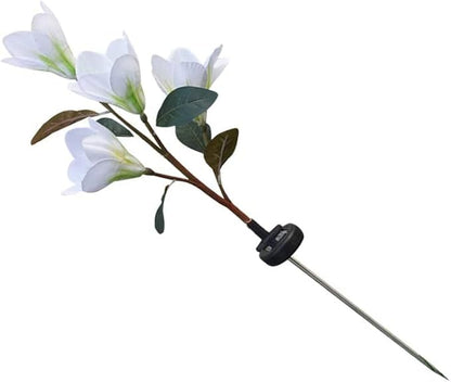 Solar Garden Lights Solar Light Outdoor, Magnolia Flower Lamp Stick Lamp 4 Forks Garden Ground Lamp for Home (Pink Magnolia White Light) (Color : White)