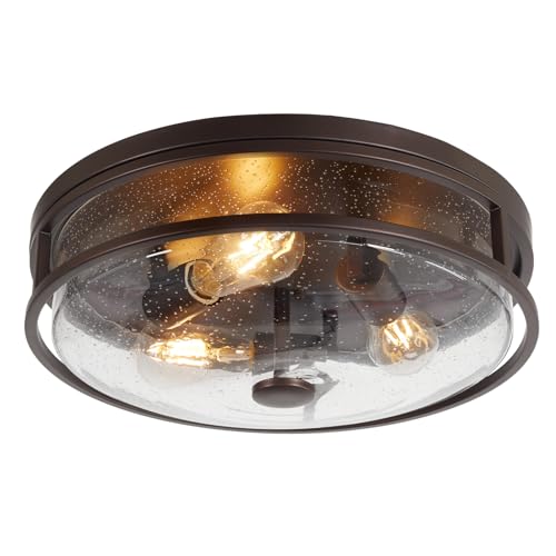 16 Inch Large Flush Mount Ceiling Light Fixture with Seeded Glass, Bronze