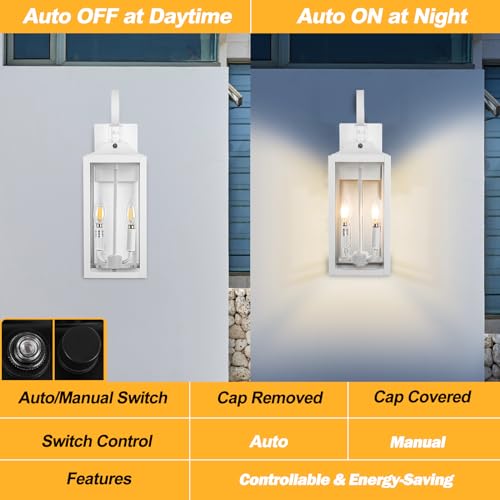 19" White Dusk to Dawn Outdoor Wall Lantern 2-Light, Farmhouse Porch Lights