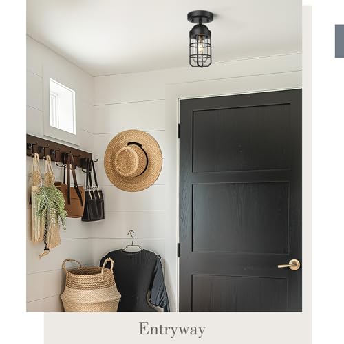Emliviar 2 Pack Outdoor Ceiling Lights, Modern Industrial Semi Flush Light Fixtures with Clear Tempered Glass in Black Finish, GE255F-2PK BK