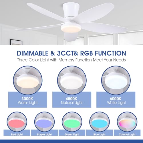 Surtime Flush Mount RGB Ceiling Fans with Lights-48 Low Profile Ceiling Fan with Light and Remote/APP Control,DC Reversible,LED Dimmable Ceiling Fans for Bedroom,Indoor/Outdoor Patio Use(White)