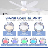 Surtime Flush Mount RGB Ceiling Fans with Lights-48 Low Profile Ceiling Fan with Light and Remote/APP Control,DC Reversible,LED Dimmable Ceiling Fans for Bedroom,Indoor/Outdoor Patio Use(White)