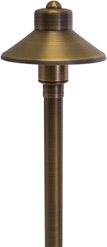 VOLT Flat Hat 12V Brass Path Light (5" Shade, 25" Tall) with 3W 2700K Warm White G4 LED Bulb for Low Voltage Landscape Lighting on Outdoor Pathway, Walkway, Garden, Driveway or Patio