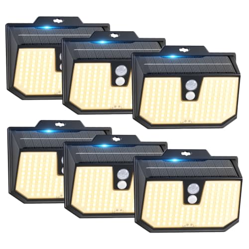 Brightever Solar Lights Outdoor, 6-Pack Motion Sensor Security Lights with 3 Lighting Modes, IP65 Waterproof Solar Powered Wall Lights for Fence, Deck, Patio, Step, Warm White