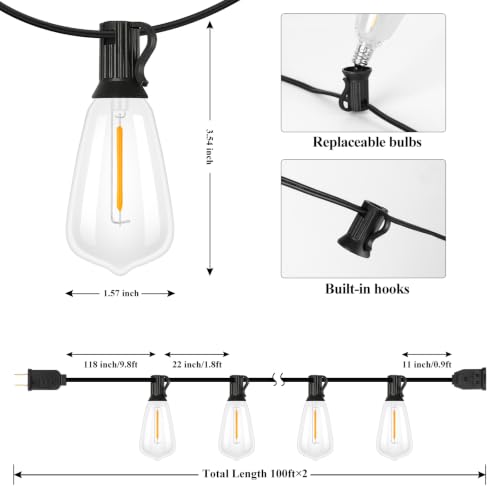 Brightever 200FT Outdoor String Lights 104 Bulbs, 2200K Amber Lights