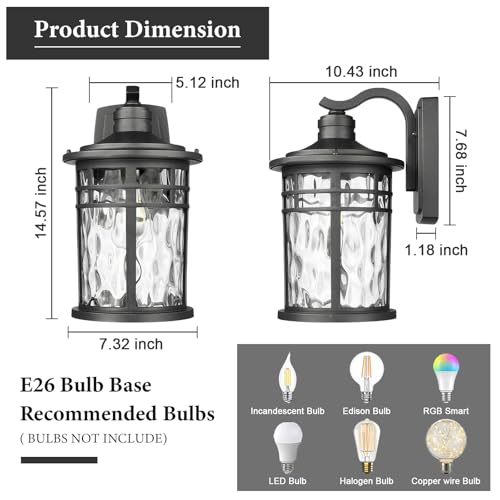 Darkaway Large Outdoor Porch Lights Wall Mount, 15inch Outside Light Fixtures Sconces Wall Lighting with Water Ripple Glass Waterproof Exterior Lights for Patio Yard House Hallway Doorway Garage