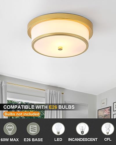 12 inch Flush Mount Ceiling Light, 2-Light Close to Ceiling Light Fixtures with Gold Finish for Bathroom Bedroom Kitchen Hallway (Gold)