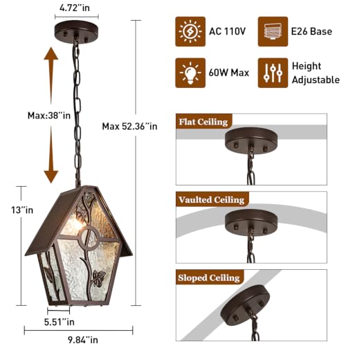 Outdoor Pendant Light Fixture for Front Porch, Farmhouse Exterior Hanging Lamp with Adjustable Chain, Waterproof Oil Rubbed Brown Outside Ceiling Mount Lamp for House, Foyer