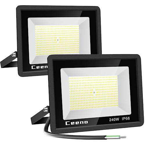 Ceena 2 Pack 240W Hardwired LED Flood Light Outdoor, 24000lm Super Bright Floodlight, IP66 Waterproof 6000K Daylight White Exterior Lights for Basketball Court, Playground, Stadium